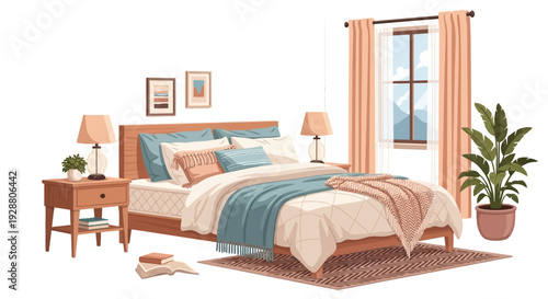 Cozy Bedroom Interior with Bed, Nightstand, and Window View