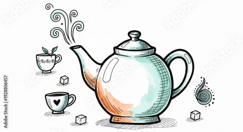 Steaming teapot with cups and sugar cubes illustration.