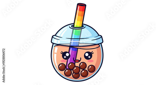 Cute Bubble Tea Cartoon with Rainbow Straw and Smiling Face