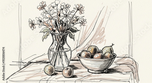 Still life drawing of flowers and fruit on a table.
