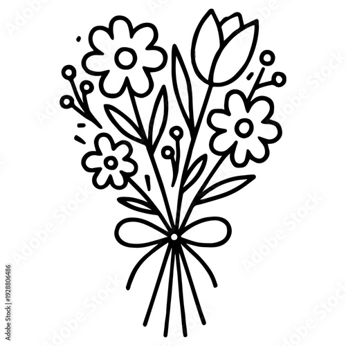 Bouquet of flowers line art icon with transparent background floral outline for greeting card design
