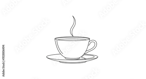 Steaming cup of coffee on a saucer in a simple line drawing style.