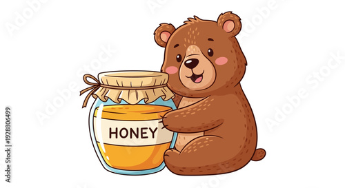 Cute cartoon bear hugging a jar of honey