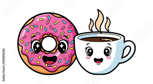 Cute Cartoon Donut with Pink Icing and Coffee Cup with Happy Faces