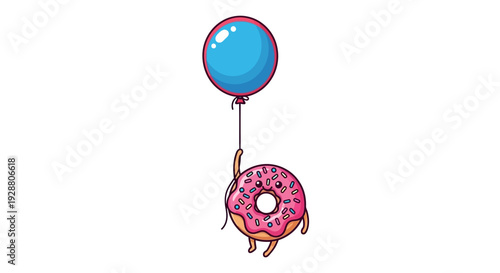 Cute Cartoon Donut with Pink Icing and Sprinkles Flying with a Blue Balloon