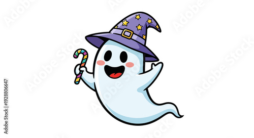 Cute cartoon ghost wearing a wizard hat and holding a candy cane