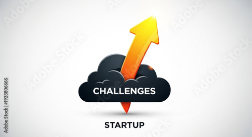 Startup challenges overcome with upward growth arrow emerging from cloud.