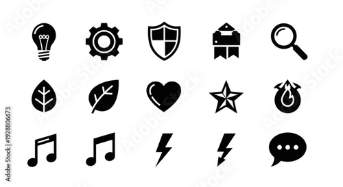 Collection of 15 black icons on white background including symbols for ideas nature emotions and communication
