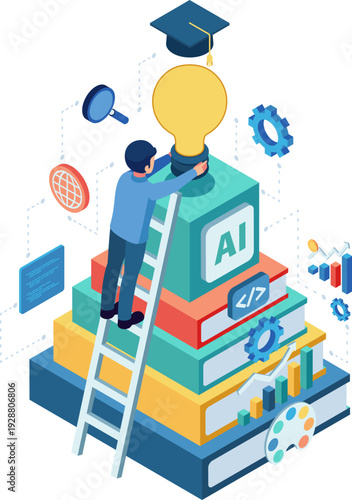 Isometric Man Climbing Books to Learn New Skills and Knowledge