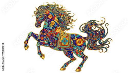 Vibrant Floral Rearing Horse Art. Intricate Bohemian Horse Design for Marketing, Branding, Luxury, and Festival Events.