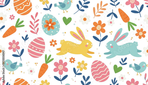 Cute Easter Bunnies and Eggs Seamless Pattern. Happy Spring Holiday Background for Kids, Web Design, and Packaging.