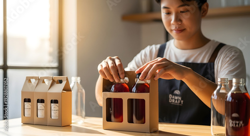 A young male employee wearing an apron carefully places dark liquid glass bottles into a cardboard carrier on a wooden table