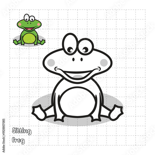 Black and white flat cartoon illustration of a cute frog sitting