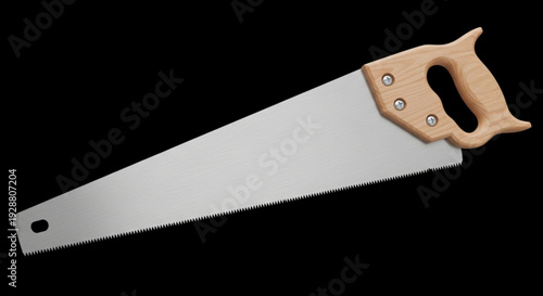 Handsaw with wooden handle on black background isolated metal tool for cutting wood