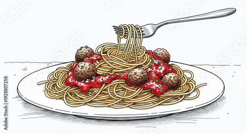 Spaghetti and meatballs with a fork twirling pasta.