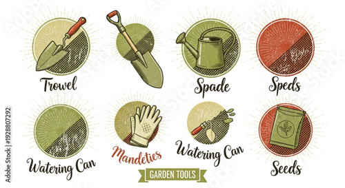 Vintage garden tools icons set with labels on white background for gardening and landscaping concepts