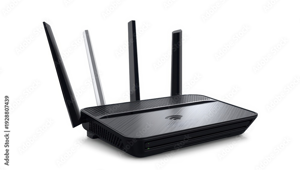 Fototapeta premium Router functioning with power indicators and internet connection status on white backdrop. Wireless device featuring Wi-Fi antenna, broadband