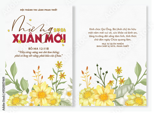 Vietnamese Lunar New Year Greeting Card with Floral Illustration