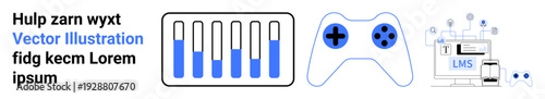 Digital game controller, analytics bars with levels of progress, and technology-focused learning management system. Ideal for education, gamification, analysis, technology, strategy, innovation