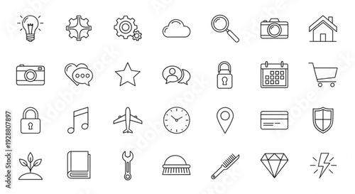 Collection of various line icons for business technology and daily life concepts