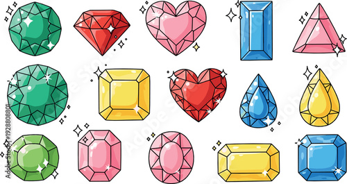 Colorful gemstone collection vector illustration with diamonds, heart shaped jewels and sparkling precious stones set