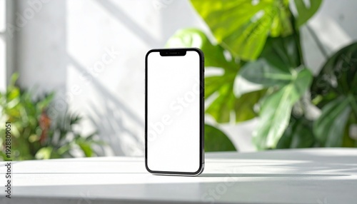 Smartphone standing upright on a white table with lush green plants in the background under natural sunlight