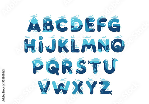 Alphabet letters in icy blue font on a white background