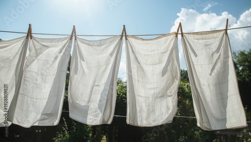 white linens draped with pegs