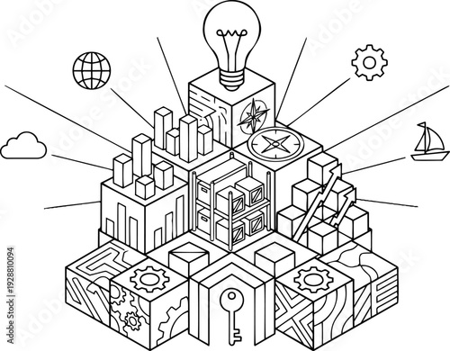 Isometric line art vector of business strategy and logistics with a lightbulb, charts, cubes, and warehouse shelves