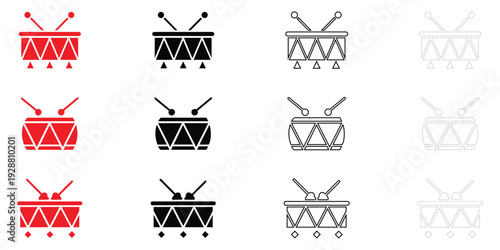 Christmas drum vector icon set, music drum with stick silhouette vector and line art icon illustration
