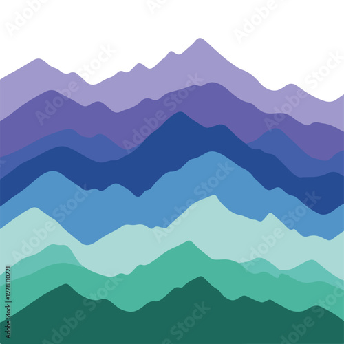 Stylized layered illustration featuring a mountainous landscape in cool colors