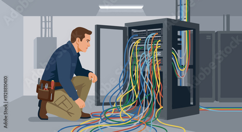  A broadcast technician wearing a tool belt is crouching in a server room, looking intently at a massive, complex "spaghetti" of colorful ethernet and coaxial cables spilling from an open rack. 