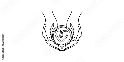Minimalist line art illustration of two hands gently holding a circle with a heart symbol inside Vector, illustration