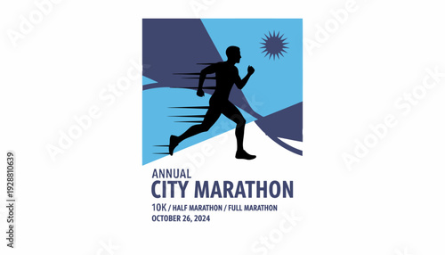 Dynamic vector graphic for a city marathon event poster, featuring a running silhouette against abstract geometric shapes, ideal as a modern 2D flat design template for multi-sport competitions