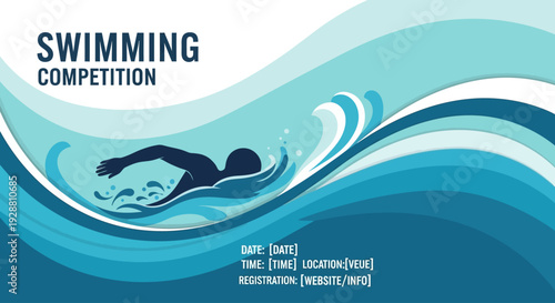 Dynamic vector illustration template for a swimming event, showcasing a stylized swimmer silhouette within abstract blue wave patterns, ideal for sports competition promotions
