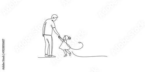 A simple line drawing of a father holding his young daughter's hand while walking together. Vector, illustration