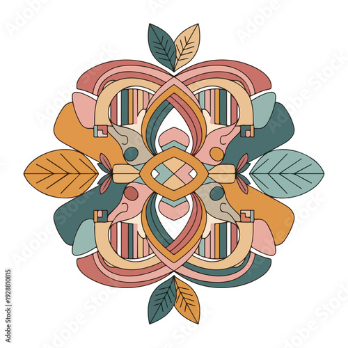 Symmetrical floral design with leaves in earthy tones