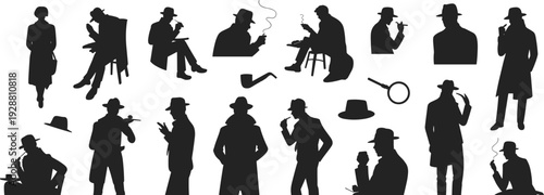Detective silhouettes, mystery icons, noir characters, trench coat figures, magnifying glass poses, pipe smoking, investigation symbols, crime solving, classic detective imagery