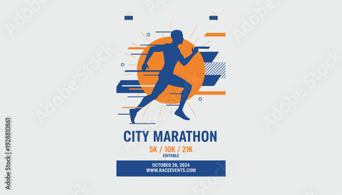 Modern flat vector illustration for a city marathon event poster, showcasing a dynamic runner silhouette with abstract geometric shapes, ideal for promoting urban athletic races