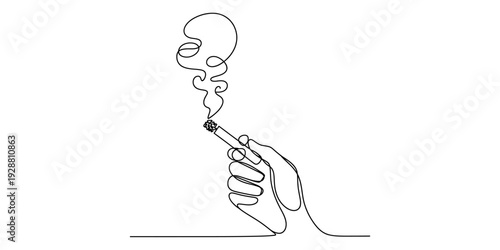 Minimalist one line art illustration of a person holding a smoking cigarette on white Vector, illustration