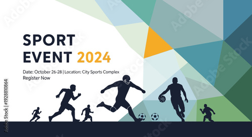 Dynamic vector illustration of a multi-sport event banner template with abstract geometric background and athlete silhouettes for promotion