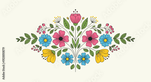 Symmetrical floral illustration with colorful flowers and foliage on cream background