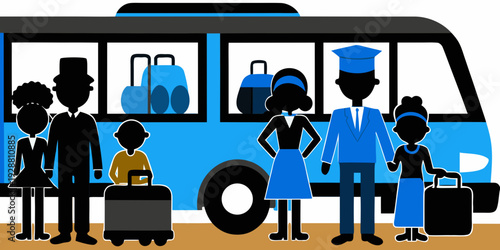 Airport shuttle transportation service silhouettes with driver greeting travelers, loading luggage, bus stop pickup, family passengers and terminal arrival, travel