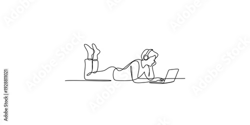 A simple line drawing of a person lying on their stomach while using a laptop computer. Vector, illustration