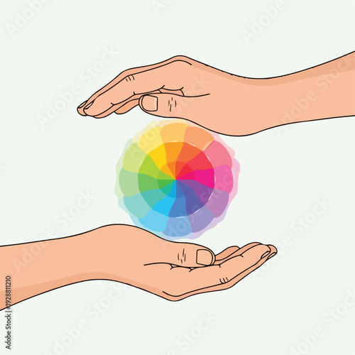 Two hands are holding and encircling a colorful color wheel