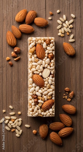 Healthy Granola Bar with Almonds and Puffed Rice on Rustic Wooden Table with Scattered Nuts