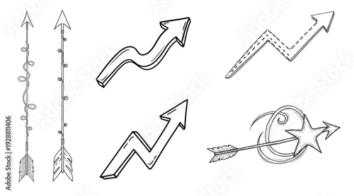 A collection of arrows and a silhouette of a person holding a bow and arrow showcasing various arrow designs and a silhouette