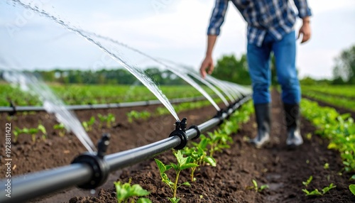 Farmer overseeing modern drip irrigation system watering young crops in an agricultural field
