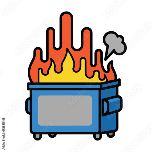 Illustration of a blue dumpster engulfed in flames with smoke rising, viewed from the front