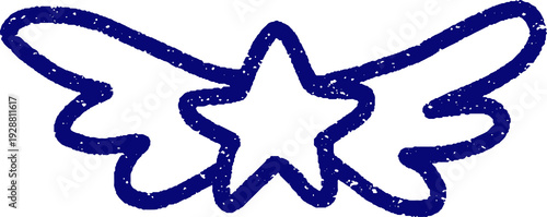 Line art angel star with wings for decorative artwork in naive doodle elements. Hand drawn star on transparent background. Shining vibe, icons and symbols illustrations, clip art PNG.